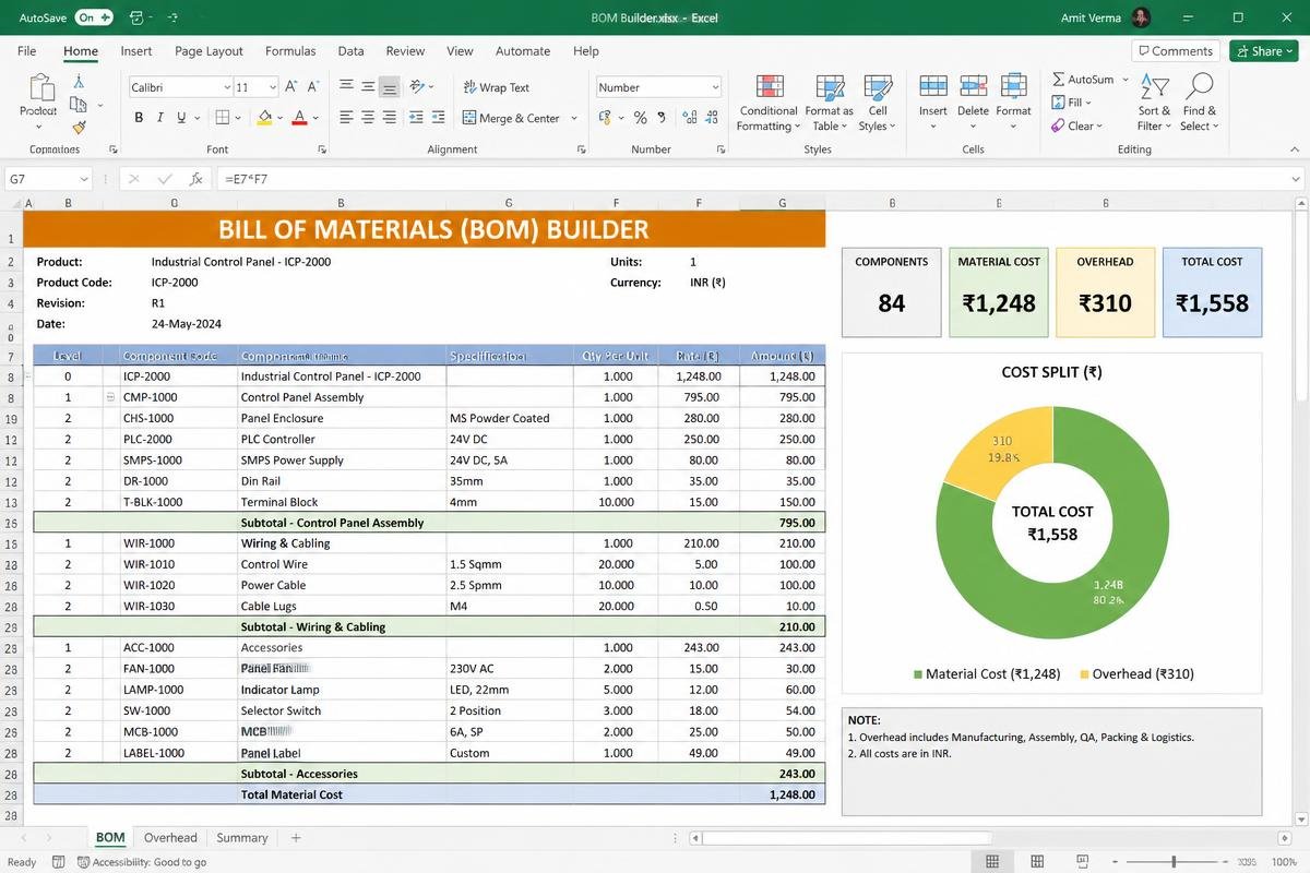 Bill of Materials Builder Excel dashboard preview
