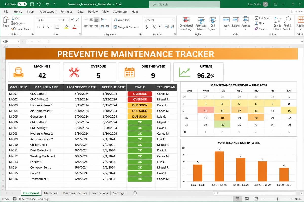 Preventive Maintenance Tracker Excel dashboard preview