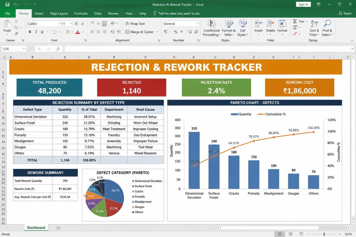 Rejection & Rework Tracker Excel dashboard preview