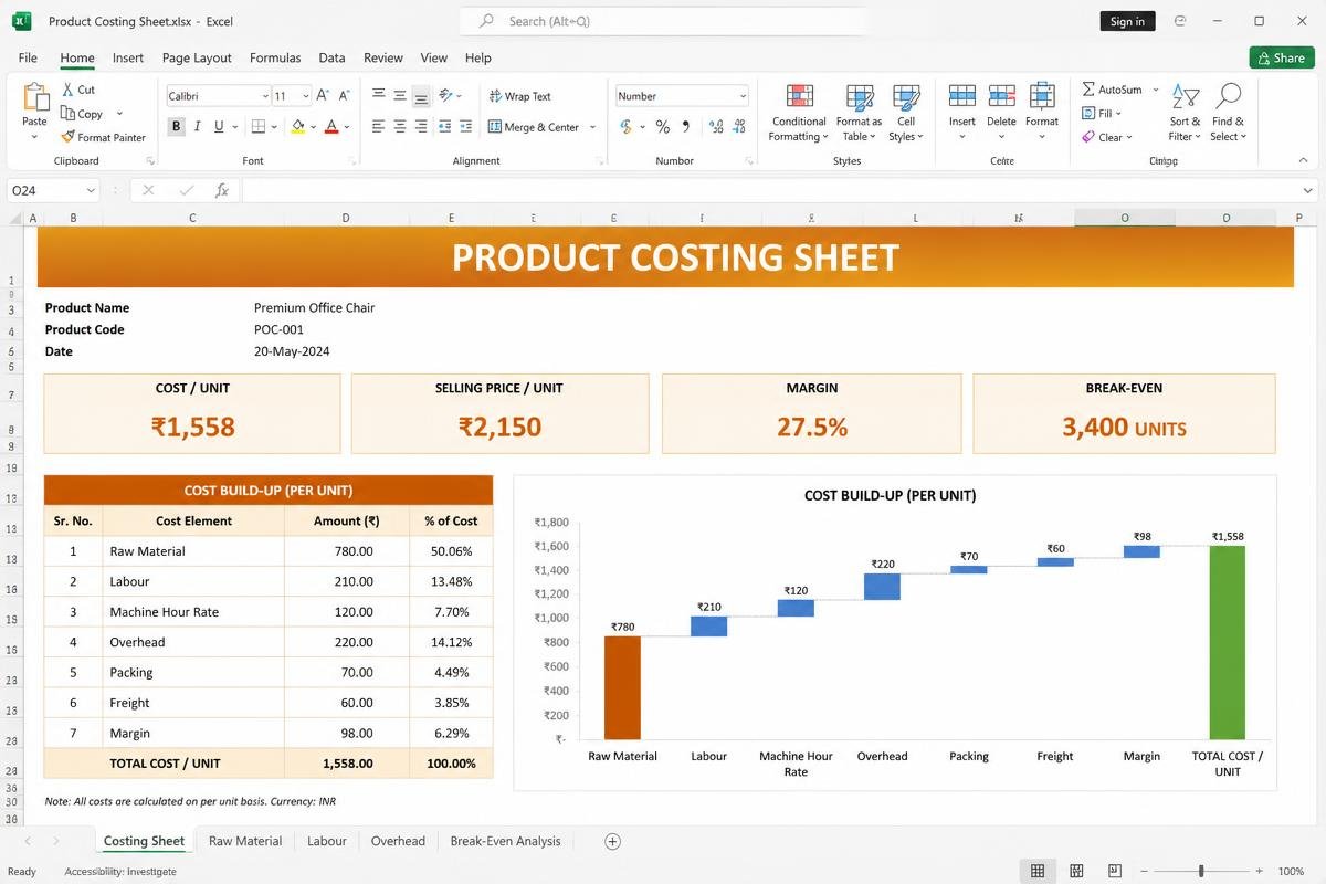 Product Costing Sheet Excel dashboard preview
