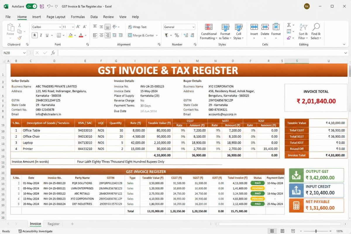 GST Invoice & Tax Register Excel dashboard preview