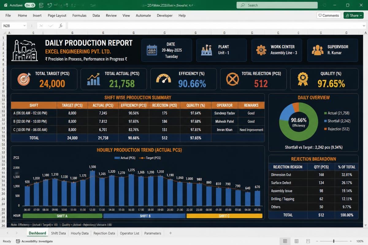 Daily Production Report Excel dashboard preview