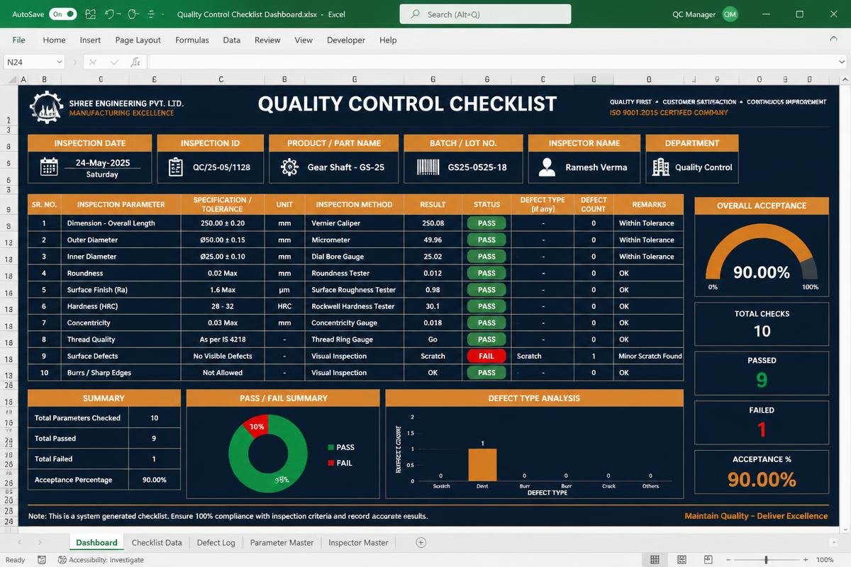 Quality Control Checklist Excel dashboard preview