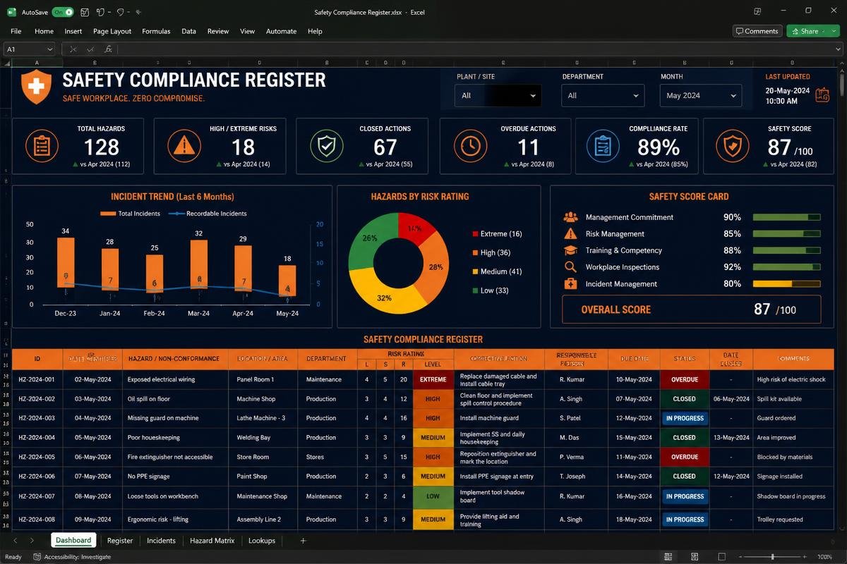 Safety Compliance Register Excel dashboard preview