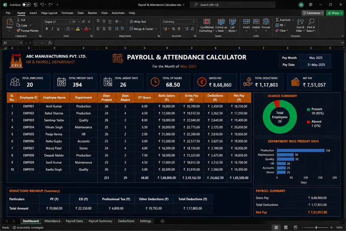 Payroll & Attendance Calculator Excel dashboard preview